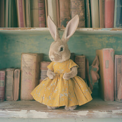 Wall Mural - A toy hare in a yellow dress sits against a background of books

