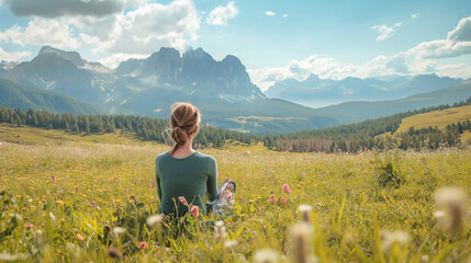 Wall Mural - A girl sits in nature and watches the mountains
