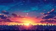 Illustration of a city skyline at sunset with a dramatic transition from a starry night sky to a warm, glowing horizon. The concept combines elements of urban life with the beauty of celestial events.
