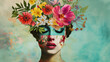 © Eleonora - Illustration of a woman portrait with fashion flowers on the head. Creative retro but contemporary pop art collage. Vivid colors. A vintage background.