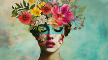 Illustration Of A Woman Portrait With Fashion Flowers On The Head. Creative Retro But Contemporary Pop Art Collage. Vivid Colors. A Vintage Background.