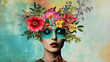 Illustration of a woman portrait with fashion flowers on the head. Creative retro but contemporary pop art collage. Vivid colors. A vintage background.