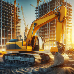 Wall Mural - Bright yellow construction excavator at work on building site