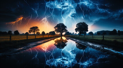 Wall Mural - A thunderstorm erupted in the night sky, like an atmospheric phenomena, where lightning acts as l