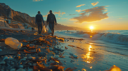 Wall Mural - Two individuals stroll seaside as sun sets over azure horizon