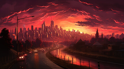 Wall Mural - Tender shades of pink and orange spill in the sky when the sun slowly plunges over the horizon, l