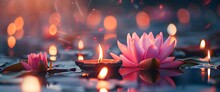 Diwali Is An Indian Holiday, The Festival Of Fire. Lotus Flowers And Diyas Oil Lamps.