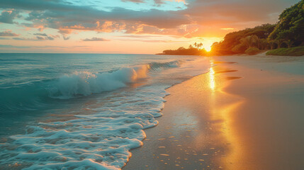 Wall Mural - vibrant beach sunset with orange sky, reflective ocean waves, and coastal landscape under a bright e