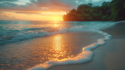 Wall Mural - golden horizon: serene beach sunset over the tranquil sea, with warm orange hues reflecting on the w