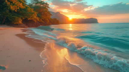 Wall Mural - golden evening serenity by the seaside: a breathtaking beachscape featuring a radiant sunset over th