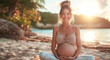 © Irina - Young happy pregnant woman practicing yoga at sea during summer vacation, sitting in lotus position on white sand beach. Healthy lifestyle concept during pregnancy