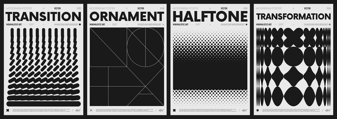 Poster - Modern abstract poster collection, vector minimalist posters with geometric shapes in black and white, brutalist style inspired graphics, bold aesthetic, shape distortion effect set 4