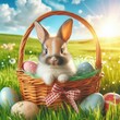 Easter bunny on a beautiful spring meadow with dandelions in front of a basket with Easter eggs