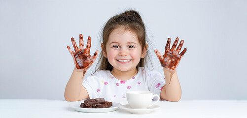 Wall Mural - Adorable cheerful little girl sits at a white table, drinks tea and shows her hands stained with chocolate against a white wall. The concept of a happy childhood and healthy eating