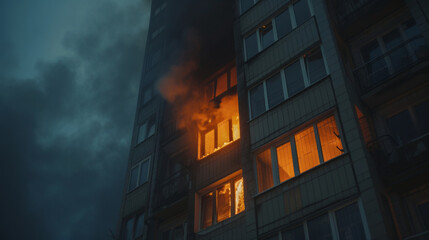 Wall Mural - Fire in the house. Windows of the burning house. Burning building in the flames of fire at night