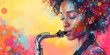 Beautiful African American female musician playing jazz music on the saxophone. Portrait of a saxophonist on a yellow background. Women's Day. Colorful illustration with place for text