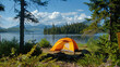 Photo of tent in the forest, which stands under the trees. Beautiful landscape. Tourism and outdoor recreation concept