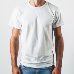 Wall Mural -  Men's white t-shirt mockup, white background, front view. Man wearing a blank white t-shirt and blue jeans