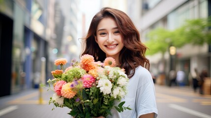 Wall Mural - Happy woman with flower bouquet in front of building