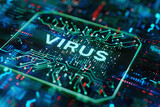 Fototapeta Konie - “Virus” - the inscription is illustrated on the digital screen with numbers and letters in the background as result of hacker attack. Cyber security and hack attacks concept