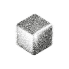 3d gritty cube with grain gradient effect in y2k style isolated on white background. Noise cube with grainy dot texture is rotating in perspective with light and shadow. 3d vector geometric shape