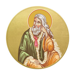 Orthodox traditional image of Prophet Elijah. Golden christian medallion in Byzantine style on white background