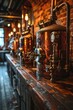 Brewery Interior Scene: Traditional brewery with copper tanks for brewing beer.