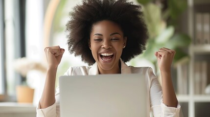 Poster - Young African American business woman executive feeling happy about financial work results, corporate goals achievement getting new job offer sitting with laptop.