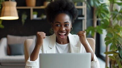 Poster - Young African American business woman executive feeling happy about financial work results, corporate goals achievement getting new job offer sitting with laptop.