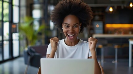 Poster - Young African American business woman executive feeling happy about financial work results, corporate goals achievement getting new job offer sitting with laptop.