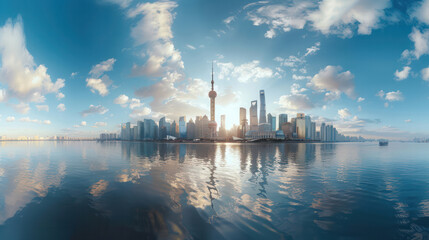 Wall Mural - Aerial view of modern city skyline and buildings at sunrise in Shanghai. Panorama of Shanghai