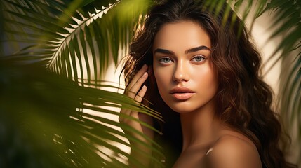 Portrait of young and beautiful woman with perfect smooth skin in tropical leaves. Concept of natural cosmetics and skincare