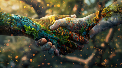 handshake of two human hands transforming into a tree, growth symbiosis collaboration