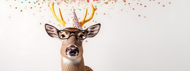 Wall Mural - Deer in a festive hat and glasses. Creative animal concept. Postcard or invitation to a party. Banner for advertising