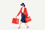 Fototapeta Storczyk - woman, shopping, flat design, woman shopping with bags in hands.