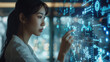 asian business woman looking at holographic data screen, surrounded by dynamic charts and glowing numbers, woman power concept