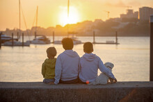 Children, Boys, Brothers, Enjoying Sunset Over River With Their Pet Maltese Dog And Mom, Boats, Sun, River