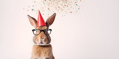 Wall Mural - Rabbit in a festive hat and glasses. Creative animal concept. Postcard or invitation to a party. Banner for advertising