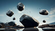 Levitating Rocks Over Autumn Riverbed, Serene Balance, created with Generative AI technology