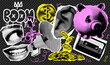 y2k halftone collage elements set for mixed media design. Piggy bank, loudspeaker, golden coins, cassette, ear, mouth and eye shapes in dotted texture pop style. Vector grunge crazy illustration