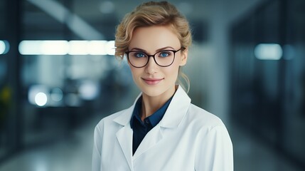 Wall Mural - Young successful female worker of scientific laboratory in whitecoat and eyeglasses standing by glass wall inside office in front of camera