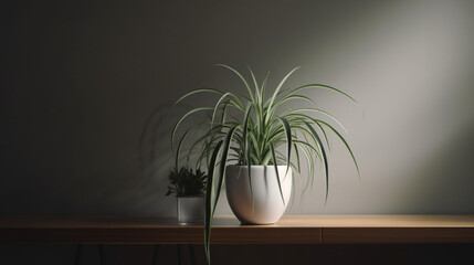 Poster - hyper-realistic images of a Spider Plant grove arranged in an artistic studio. Frame the composition to capture the simplicity and beauty of Spider Plants, creating a tranquil and cinematic atmosphere