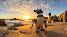 African Penguins On The Sandy Coast In Sunset. Red Sky. African Penguin ( Spheniscus Demersus) Also Known As The Jackass Penguin And Black-footed Penguin.Cape Town. South Africa