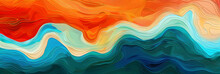 Horizontal Colorful Abstract Wave Background With Peru, Firebrick And Light Sea Green Colors. Can Be Used As Texture, Background Or Wallpaper