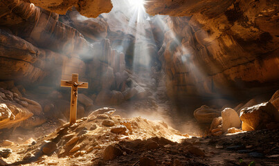 Wall Mural - cross in a cave in the rays of sun and dust, Generative AI