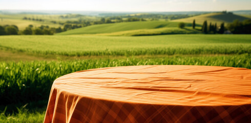 Poster - Empty round table and brown tablecloth on green field background. High quality photo