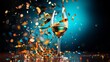 Bright image of damaged wineglass with confetti