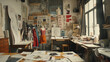 © kitidach - A bohemian fashion studio bathed in daylight, cluttered with design sketches, clothing samples, and inspiration boards, showcasing a designer's creative sanctuary.