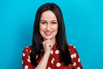 Sticker - Photo portrait of pretty female touch chin thoughtful entrepreneur dressed stylish dotted red outfit isolated on blue color background