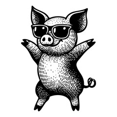 Wall Mural - dancing happy pig wearing cool sunglasses sketch